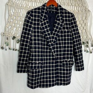 Vintage 100% wool navy cream plaid blazer coat
